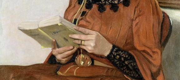Captura en primer plano de una mujer del siglo XIX leyendo.