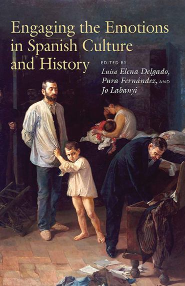 Portada con título en color amarillo sobre fondo que representa un cuadro de Julio Romero de Torres, titulado Conciencia tranquila, pintado en 1897 y en el que se presenta una escena de costumbres en cuyo centro aparece un niño vestido con una camisa blanca, descalzo y sin pantalones, agarrado a la camisa de un hombre adulto con los brazos unidos tras la espalda, que observa a otro hombre, este último vestido con un traje negro, revolver en un baúl y tirar al suelo sus pertenencias. A la izquierda, unos guardias cuidan la puerta de entrada al hogar. A la derecha, una mujer está sentada en la cama, en ropa interior, tapándose los ojos mientras llora y sujeta a un bebé en brazos.