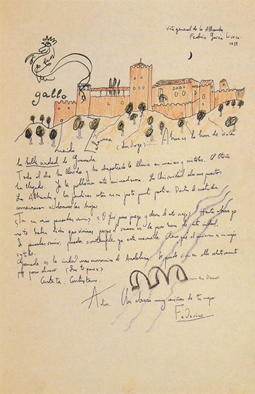 Portada que representa una carta escrita por Federico García Lorca en la que el autor ha dibujado la ciudad de Granada y un gallo en la Alhambra.
